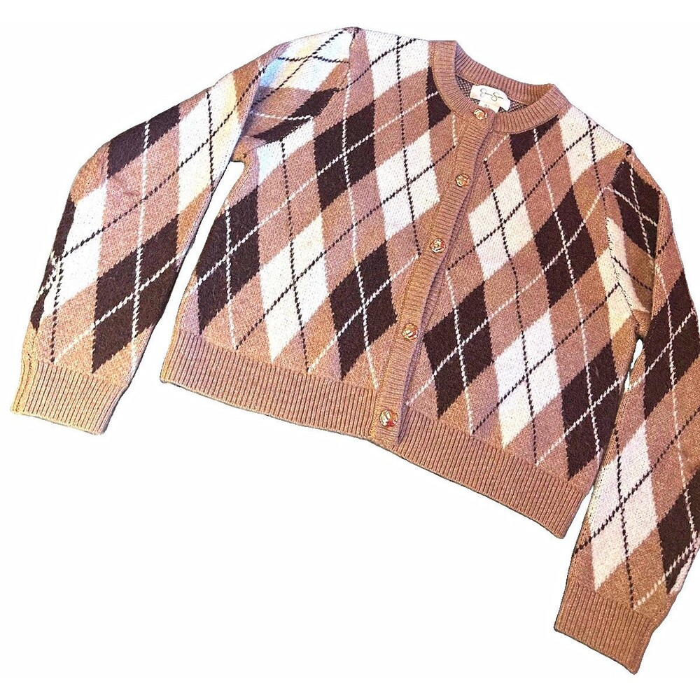 Jessica Simpson Argyle Cardigan Sweater Women’s Small Brown Button Front Knit